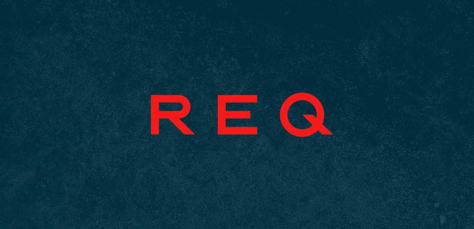 REQ logo in red with navy background
