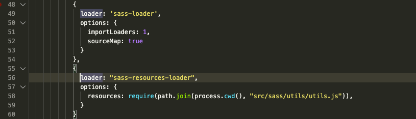 webpack.config.js: using sass-resources-loader options to pull in a resource file.