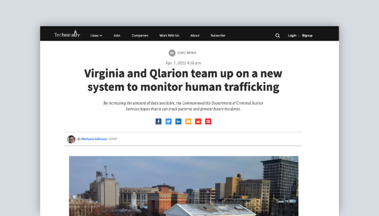Virginia and Qlarion team up on a new system to monitor human trafficking